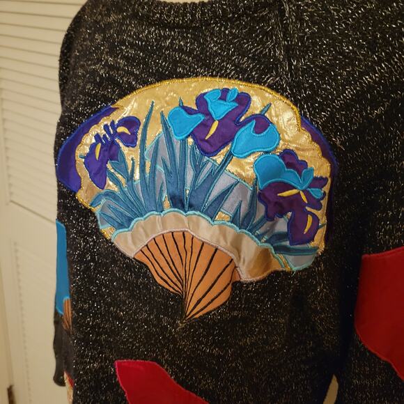 Vintage Bonnie Boerer Sweater Women's L Grey Longline Graphic Knit Pullover 80s - Picture 5 of 11